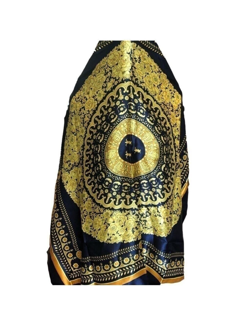 SCARF 36” square navy blue with center medallion in shades of gold. - Picture 2 of 8